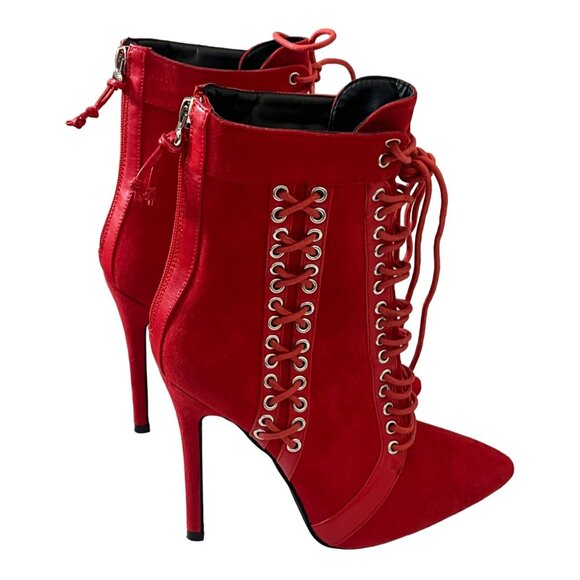 PrettyLittleThing Red Suede Lace Up High Heel Ankle Boots Size 7 - Picture 4 of 12